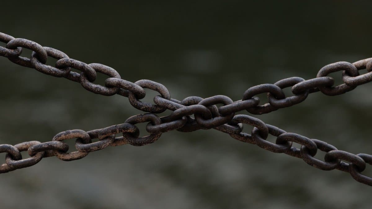 Close-up of crossed rusty chains over a blurred green background.