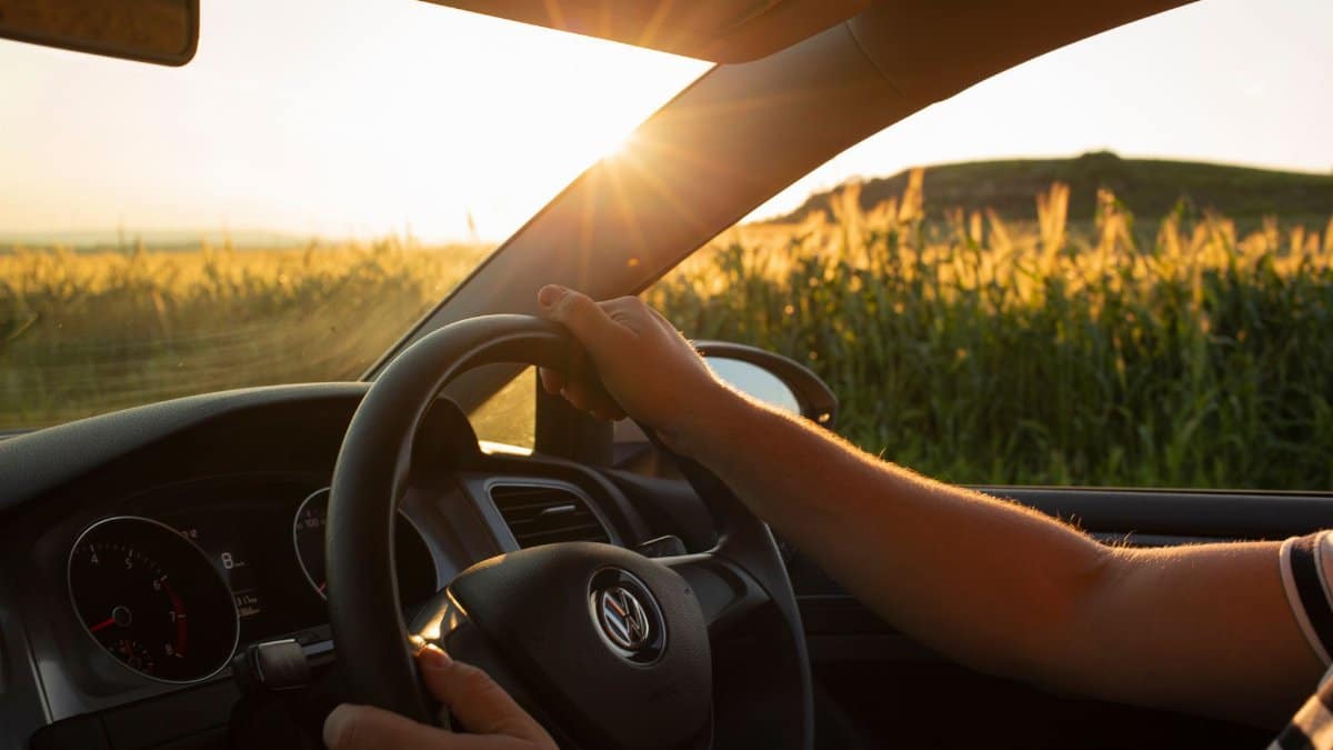 A driver's view of a countryside road at sunset, focusing on the steering wheel.