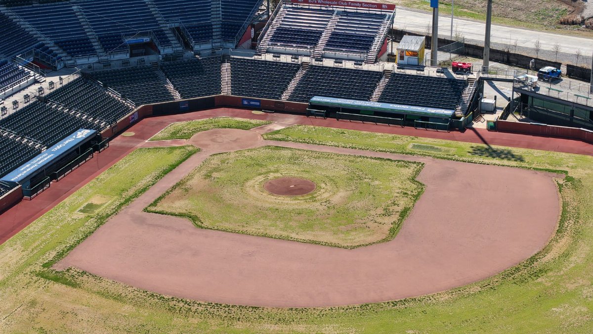 Aerial shot of an empty baseball field and stands at AT&T Field in sunny Chattanooga, Tennessee.