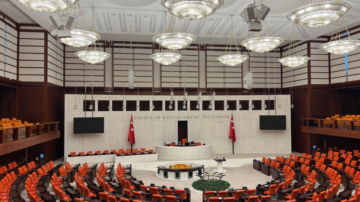 Wide view of the Turkish Parliament interior in Ankara showcasing its modern design and grand architecture.