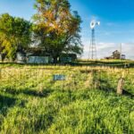 Charming rural farm scene in Minnesota with a windmill and wooden barns under a clear blue sky.