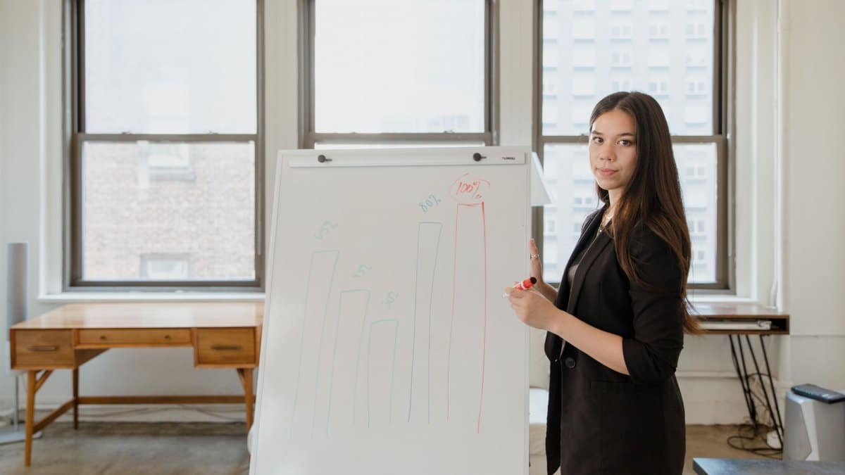Confident businesswoman presenting a bar chart in a modern office setting.