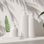Elegant white skincare bottles next to green leaves and shadows, embodying natural beauty.
