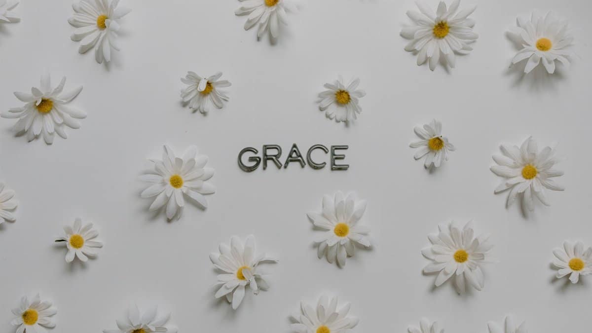 Flat lay of white daisies on a white surface with the word 'GRACE' highlighted, creating a serene still life.