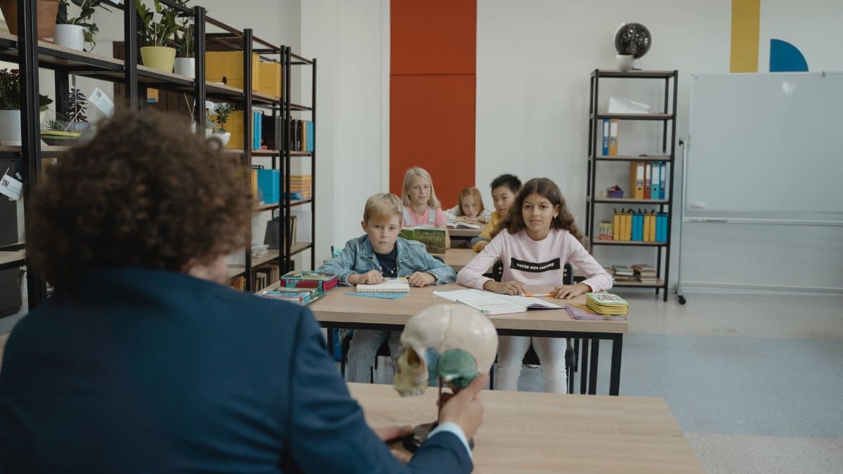 Children learn biology in a colorful classroom setting with a teacher explaining a skull model.