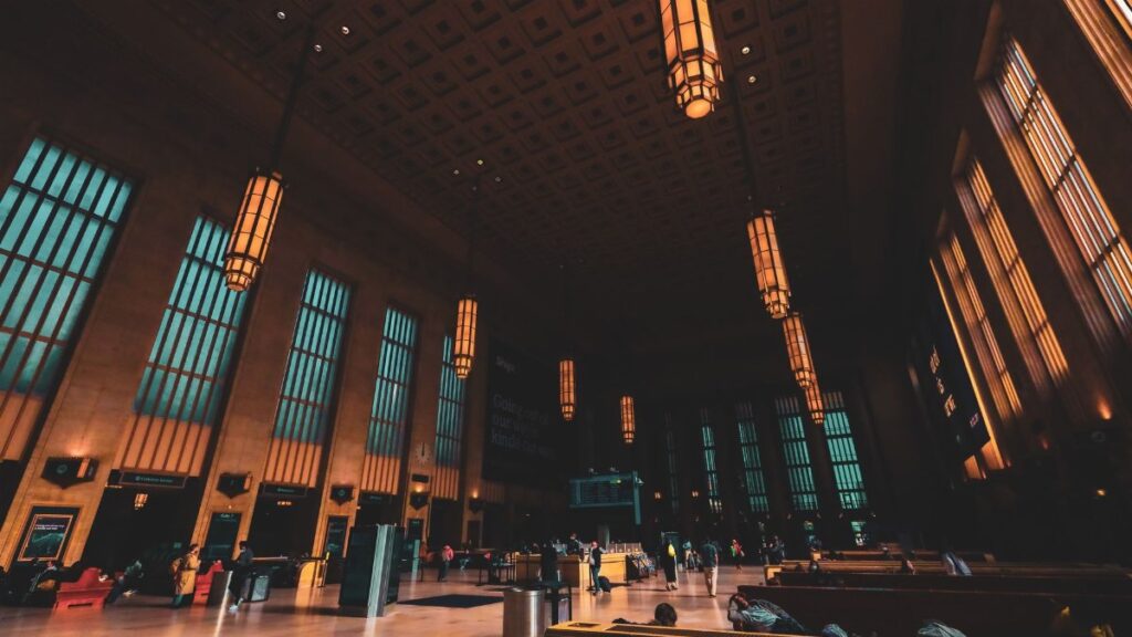Inside view of the grand art deco architecture at Philadelphia's 30th Street Station.