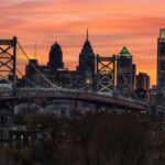 Stunning view of Philadelphia skyline and Ben Franklin Bridge at sunset, showcasing city architecture.