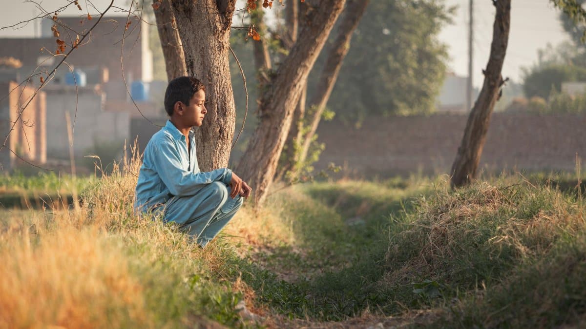 A young boy sits pensively by trees in a serene rural landscape.