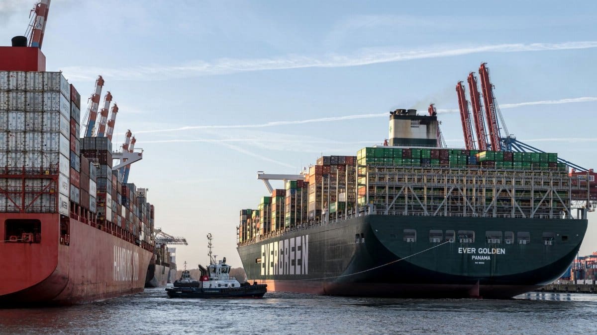 Cargo ships in Hamburg port loaded with containers, showcasing busy maritime logistics.