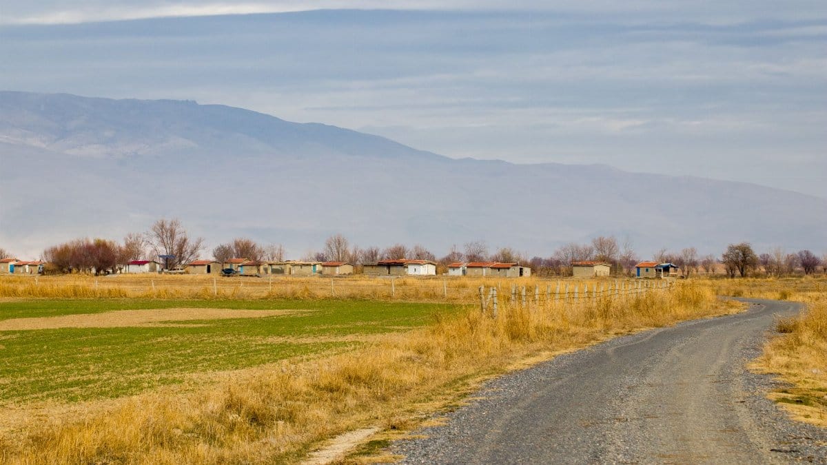 Rustic rural road winding through fields with distant mountains and houses in view.