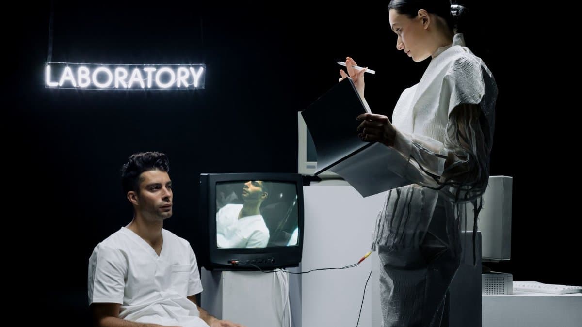 Two scientists in a futuristic laboratory setting analyzing data and conducting research on a subject.