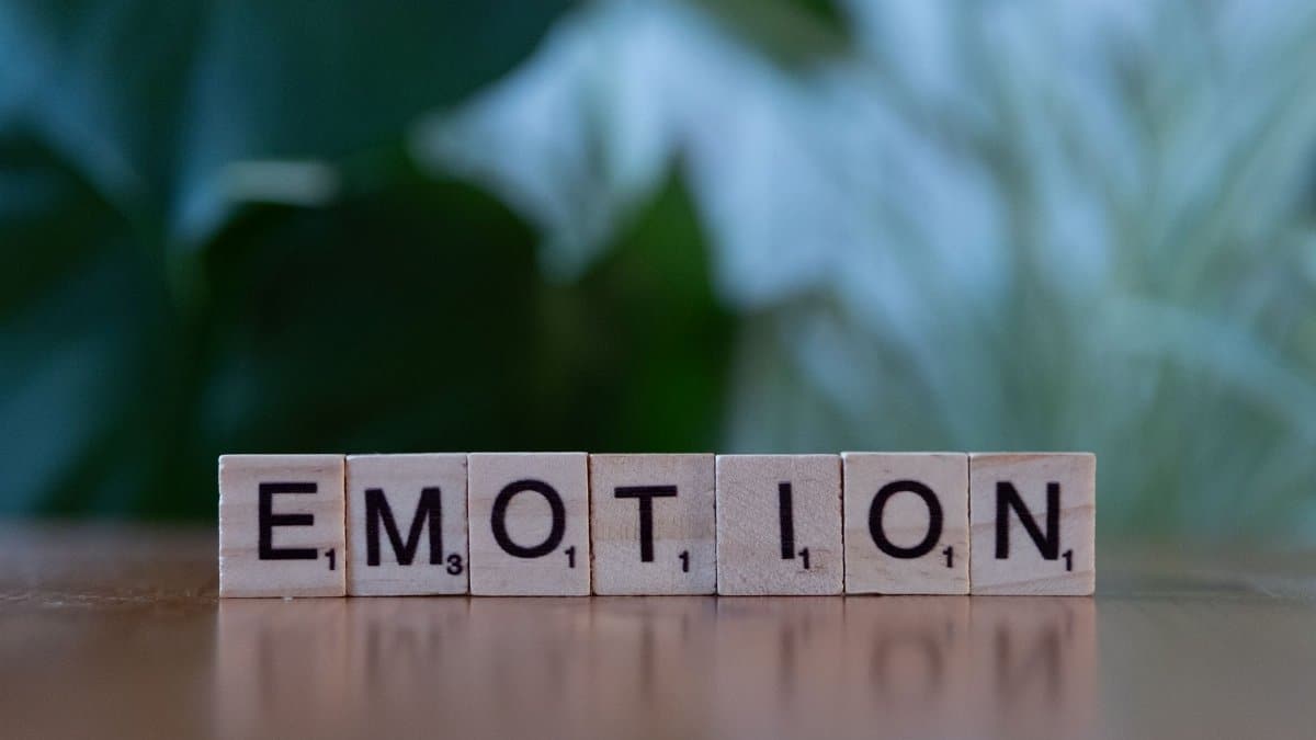 Wooden Scrabble tiles spelling 'Emotion' with a natural blurred background.