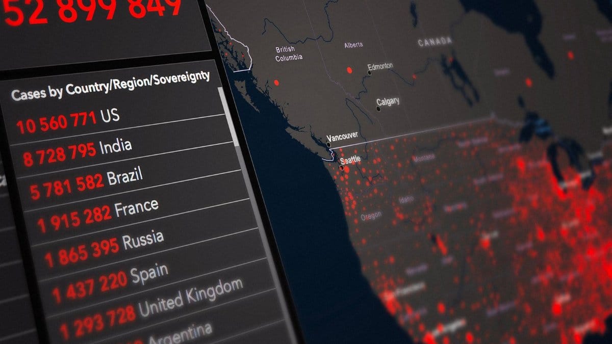 Detailed map showing COVID-19 global cases with data visualization by country.