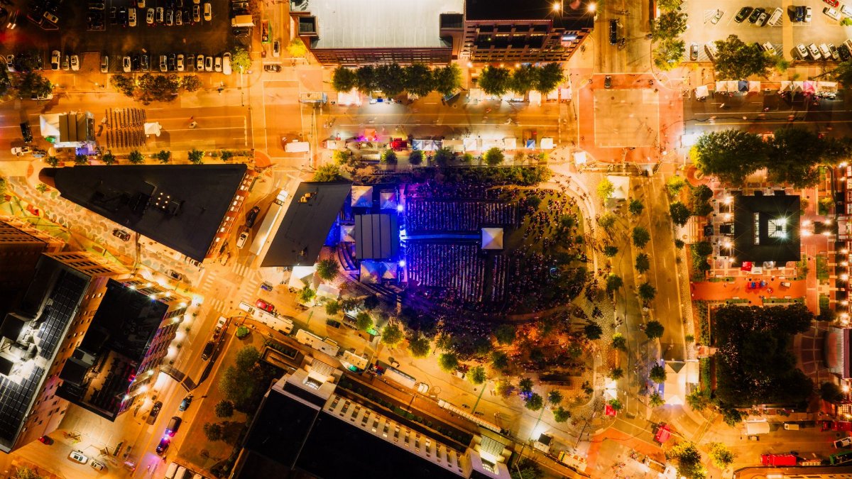 A breathtaking aerial view of a lively night event in downtown Chattanooga, Tennessee.