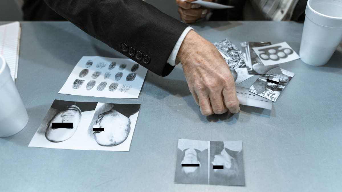 Detective reviewing crime evidence with fingerprint and suspect photos on table.
