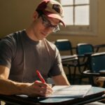 Adult male student studying at a university classroom desk during the day.