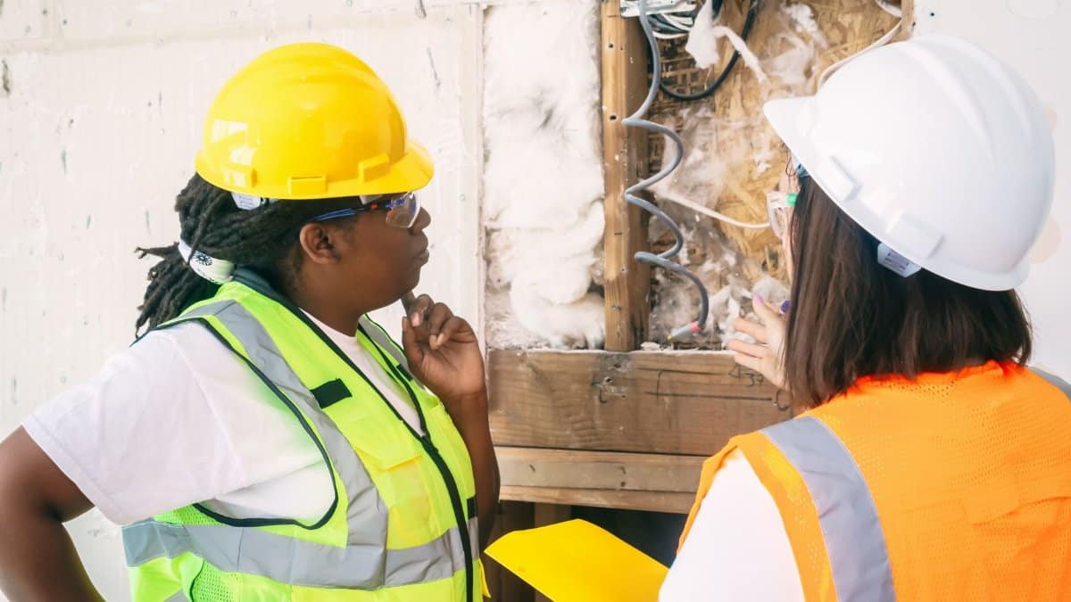Two female engineers wearing safety gear conduct a detailed inspection at a construction site.