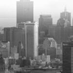 Black and white skyline of San Francisco featuring iconic skyscrapers.
