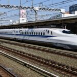 A high-speed bullet train at Hamamatsu Station in Shizuoka, Japan, showcasing modern rail transport.