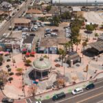 Vibrant aerial shot of Mariachi Plaza in Boyle Heights, showcasing the urban Los Angeles landscape.