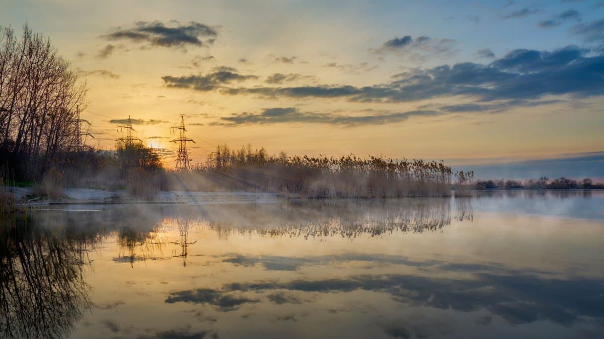 A peaceful sunrise over a misty lake with reflections, reeds, and distant power lines.