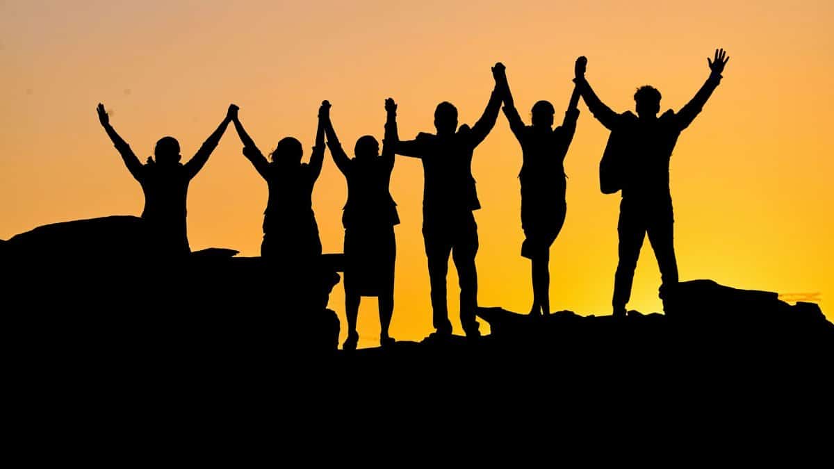 A group of silhouetted people holding hands triumphantly at sunset.