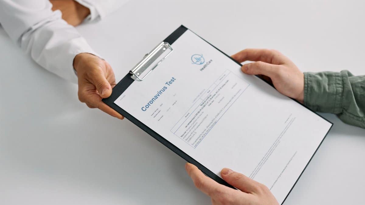 A doctor hands over coronavirus test results to a patient during a consultation in a medical clinic.