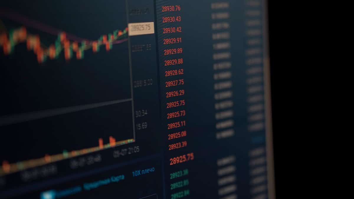 Close-up of a computer screen showing dynamic financial market data and charts, indicating real-time trading updates.
