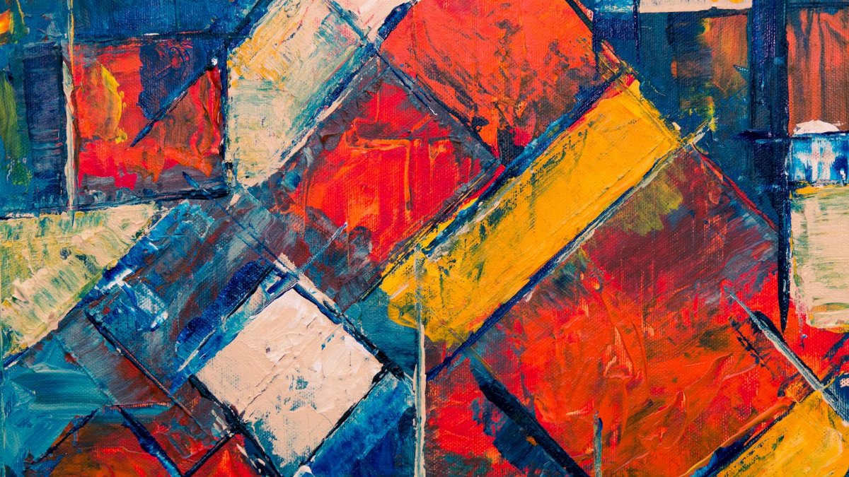 Bold and colorful abstract geometric painting with vibrant colors on canvas.