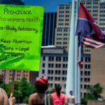 Women’s rights rally with pro-choice placards in a city square, highlighting activism.