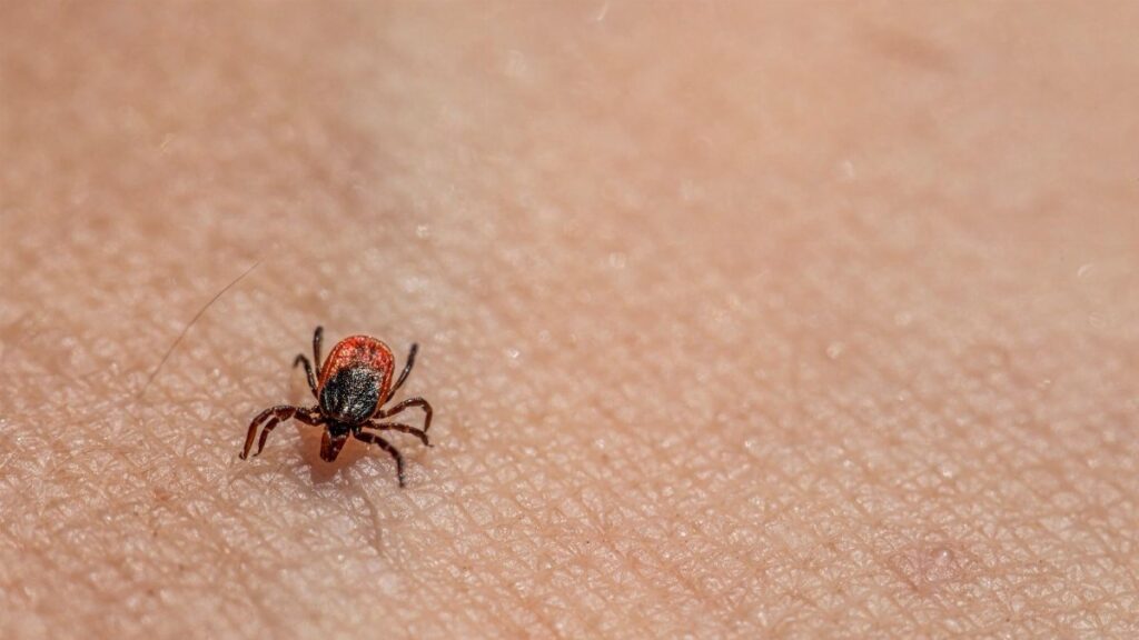 Macro image of a tick on human skin, highlighting textures and details.