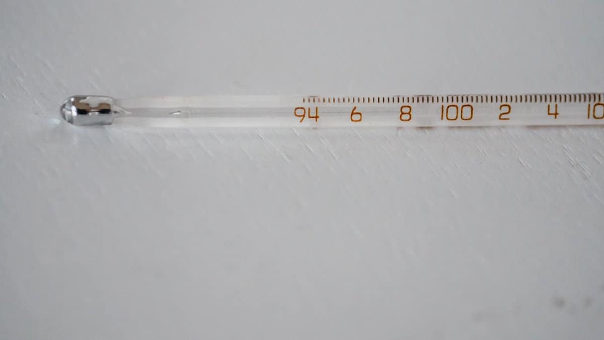 Detailed image of a glass thermometer displaying temperature in degrees.
