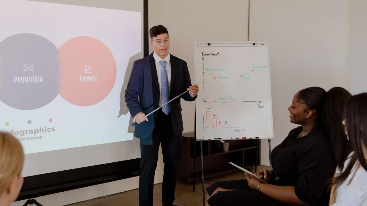 Young professional presents growth strategy using charts and graphs in a meeting.