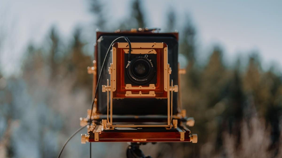 Close-up of a vintage large format camera on a tripod with a blurred natural background.