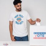 Young man casting a vote into a ballot box on a white background promoting democracy.