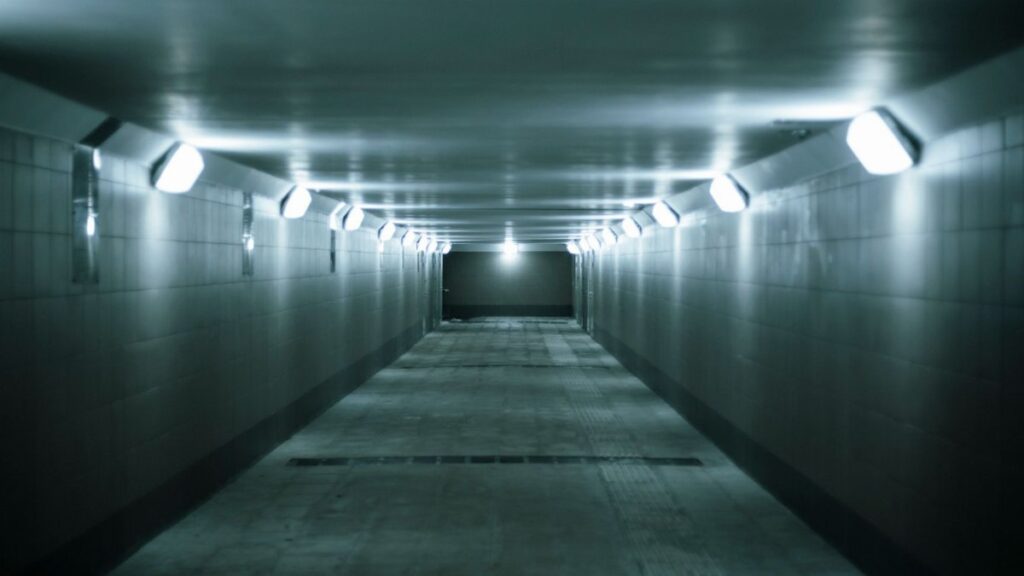 An eerie, dimly lit underground tunnel with fluorescent lights lining the walls, creating a moody atmosphere.