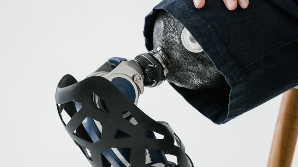 A detailed close-up of a prosthetic leg showcasing innovative technology and design.