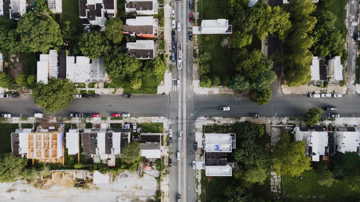 Aerial view of a residential neighborhood intersection in Philadelphia, PA.