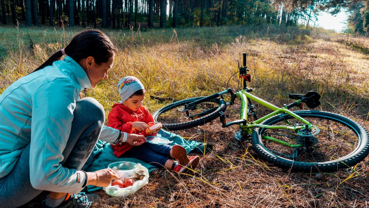 Mother and son having a picnic in the forest with a bicycle nearby, enjoying a sunny day outdoors.