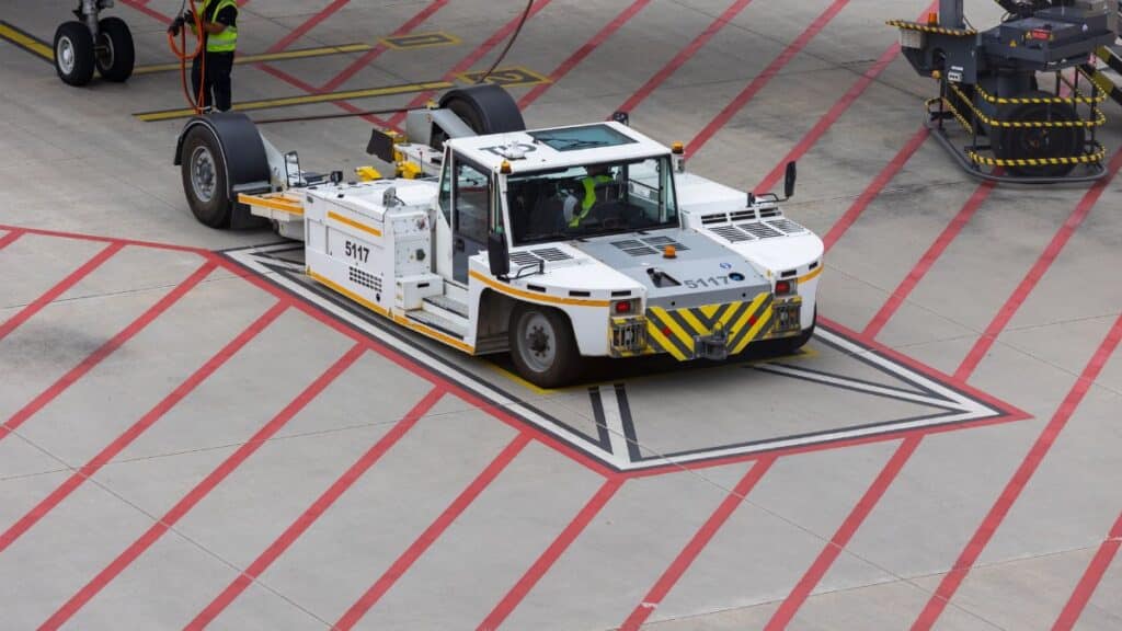 Aircraft tug maneuvering on a runway, preparing for plane departure at a busy airport.