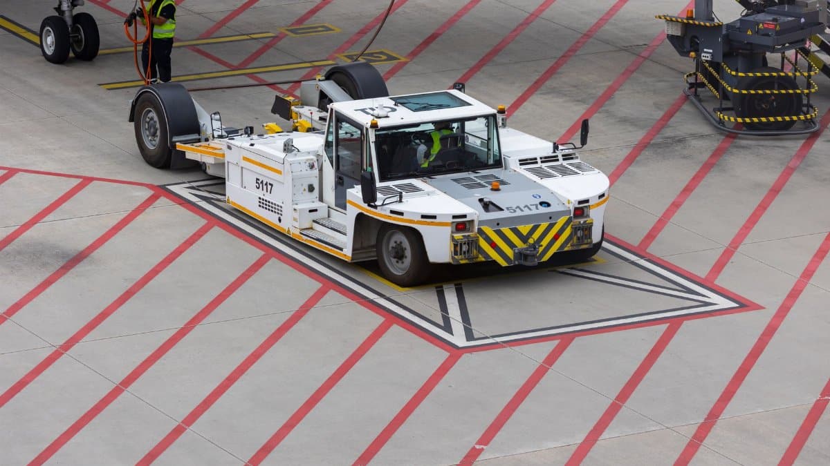 Aircraft tug maneuvering on a runway, preparing for plane departure at a busy airport.