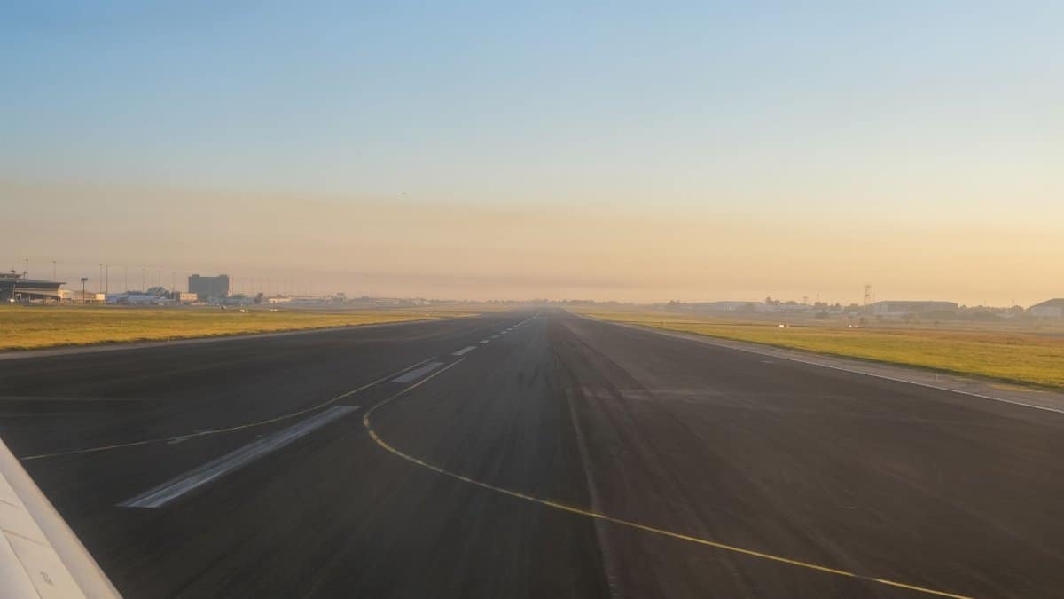 An empty airport runway at sunrise, showcasing a clear sky and distant airport buildings.