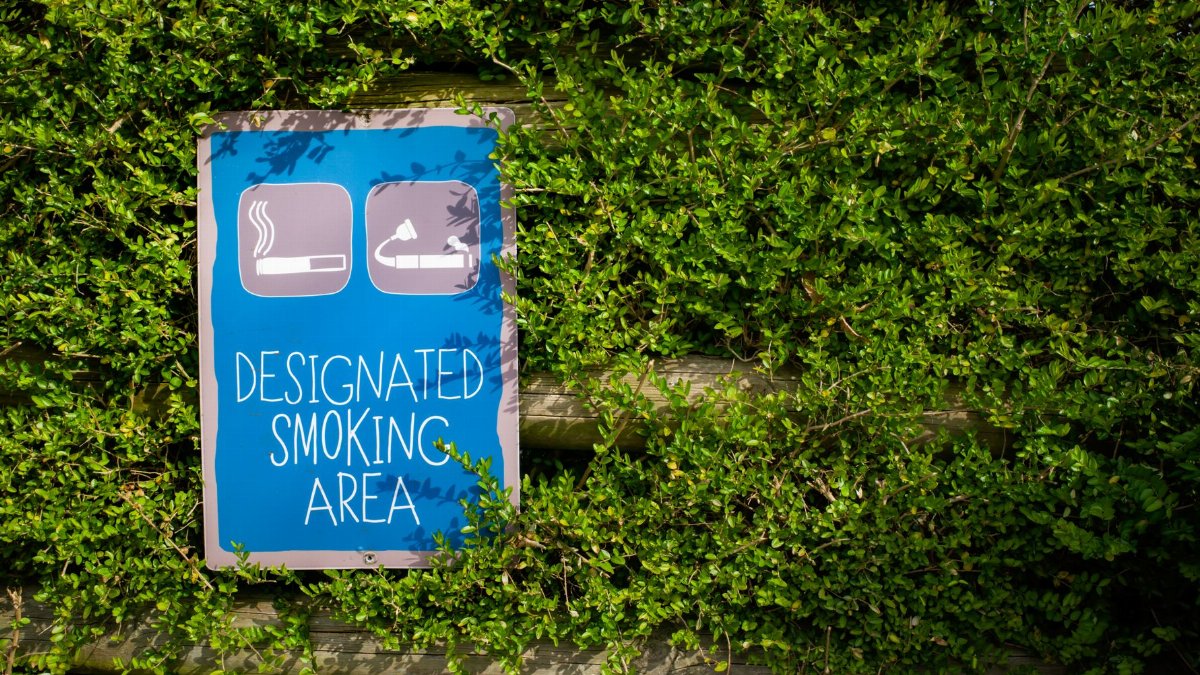 Blue designated smoking area sign surrounded by lush greenery outdoors during the day.