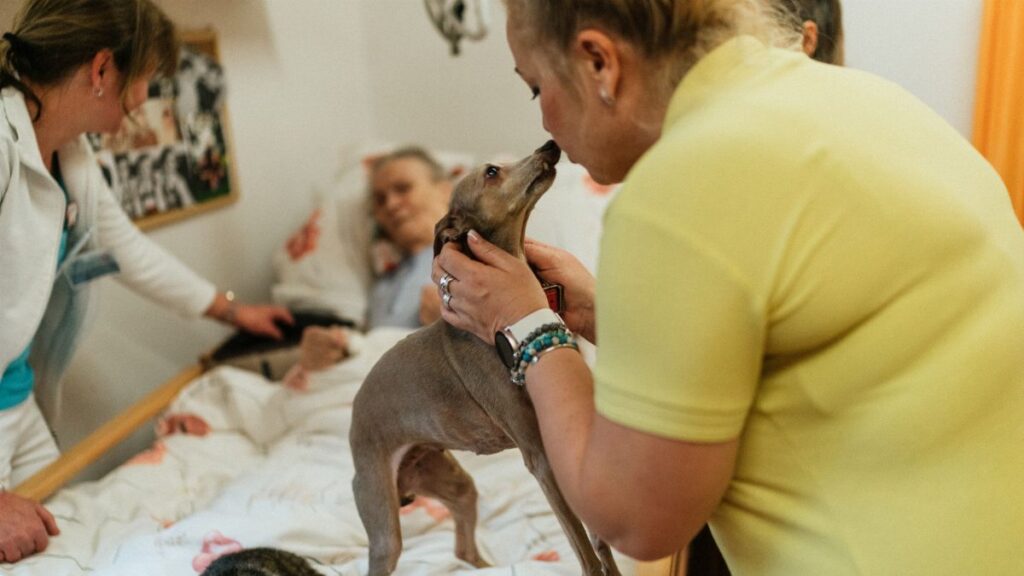 Caring staff and elderly enjoy moments of joy with therapy pets in a retirement home.