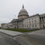View of the iconic US Capitol Building in Washington, DC on a cloudy day.