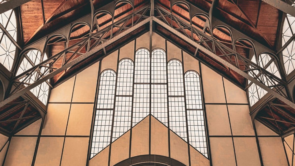 A striking view of industrial architectural ceiling with metal and glass elements in Ciudad de México, México.