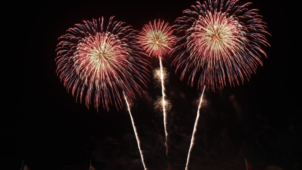 Dazzling fireworks burst in the night sky, showcasing a vibrant celebration with colorful explosions.