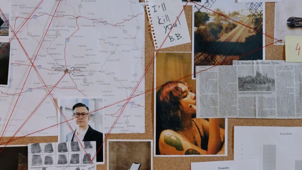 A detailed crime investigation board with photos, maps, and red threads used for connecting clues.