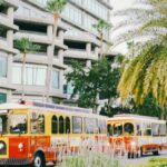 Vibrant Tampa street with iconic trolleys, palm trees, and modern architecture.