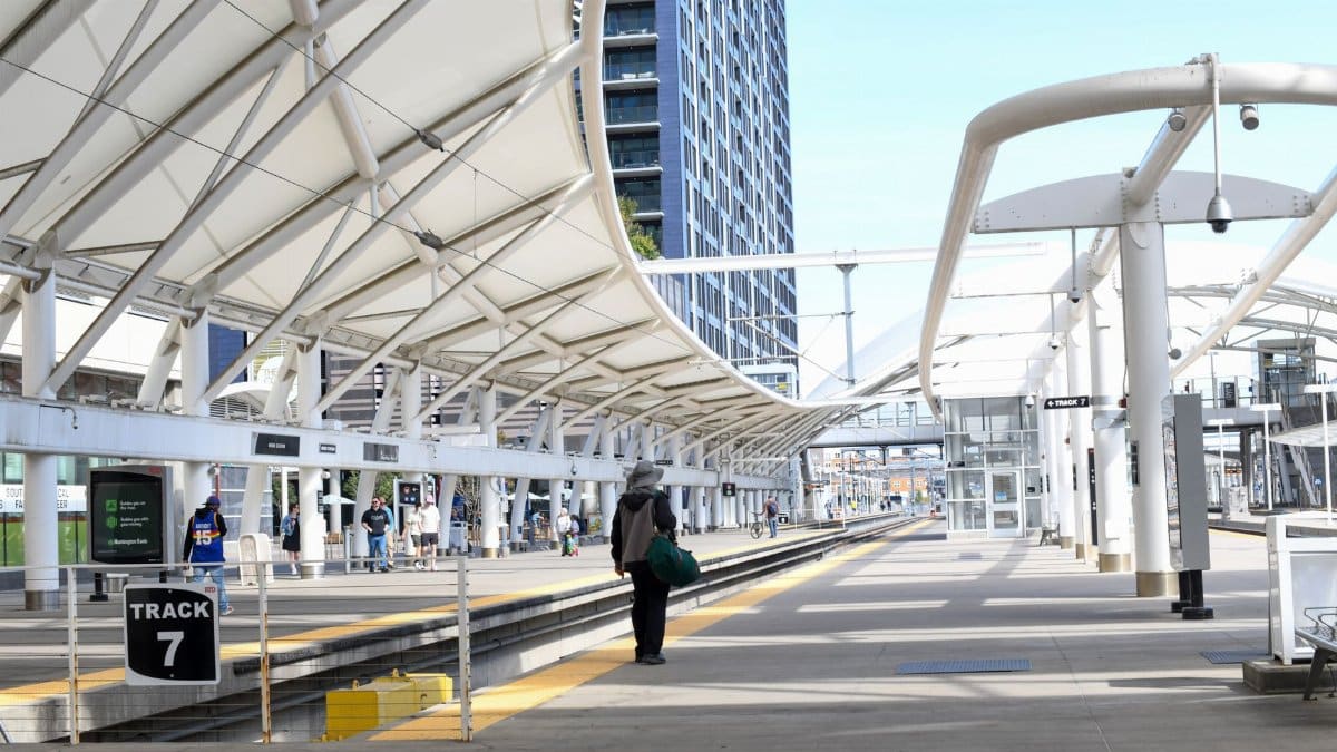 A sunny day captures the sleek design of Denver Union Station's modern platform.